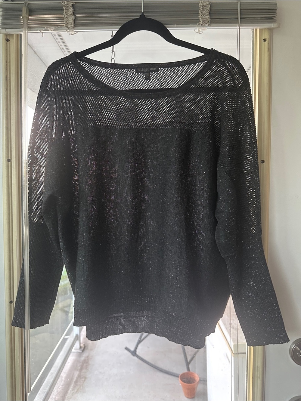 Eileen Fisher Black Sheer Mesh Knit Top with subtle silver sparkle